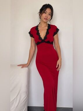 Hugo Buscati Red Dress with Black Lace Trim